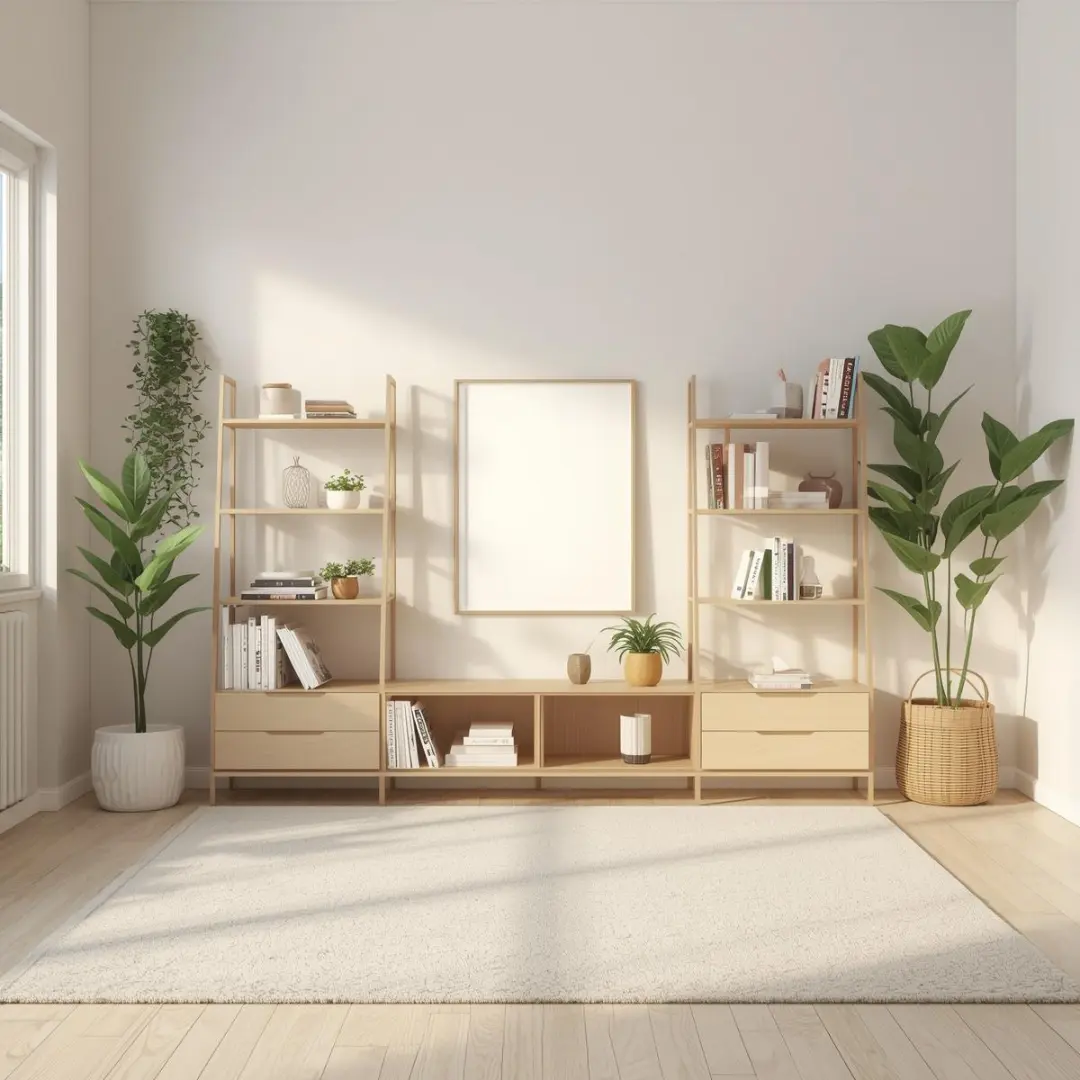 Minimalist Japandi living room with organized shelving and natural light