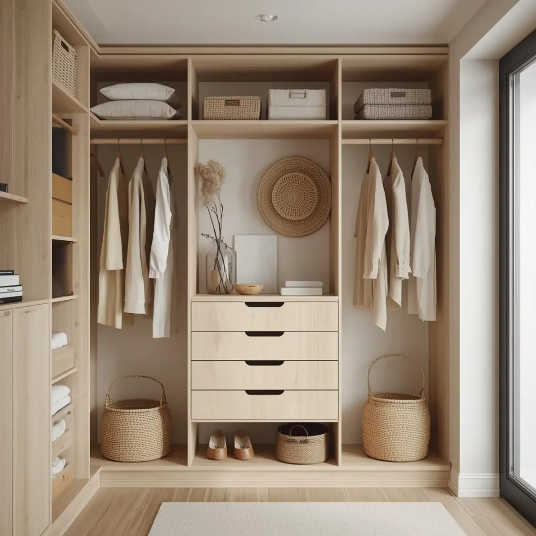 Beautifully organized closet with natural materials and minimalist aesthetic